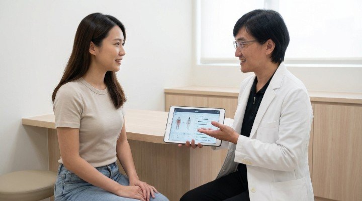 穿著專業白袍的醫師講解體脂肪過高與健康關聯 女性照鏡子觀察腰部線條解決體脂肪過高困擾 健康飲食餐盤輔助改善體脂肪過高問題示意圖 專業儀器測量身體組成分析體脂肪過高數據圖