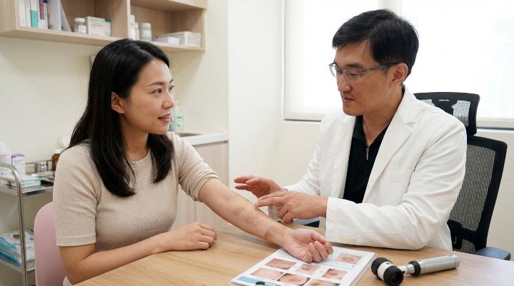 診所環境中醫師示範如何進行PIH分辨 患者臉部特寫用於區分斑點與PIH分辨 專業醫美器材輔助皮膚診斷與PIH分辨 黑色素代謝圖表說明輔助PIH分辨過程