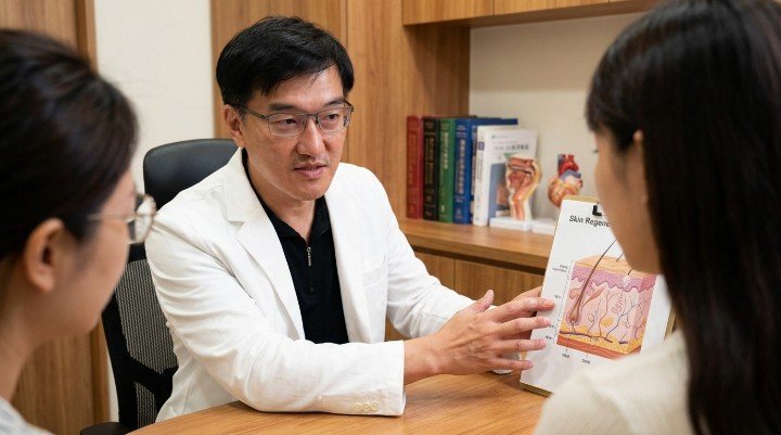 顯微鏡下觀察膠原蛋白增生劑與纖維母細胞作用 四大膠原蛋白增生劑產品比較圖 膠原蛋白增生劑治療前後對比示意圖 醫師評估臉部適合施打膠原蛋白增生劑的部位 法瑞診所吳紹琥醫師講解膠原蛋白增生原理