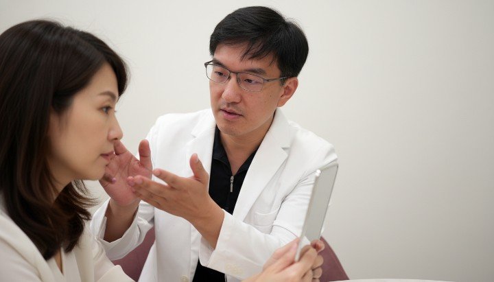 醫師於診間為求診者評估並改善淚溝 透過精準分層注射技術有效改善淚溝 分析眼周解剖結構協助患者改善淚溝 專業諮詢流程確保術後自然改善淚溝