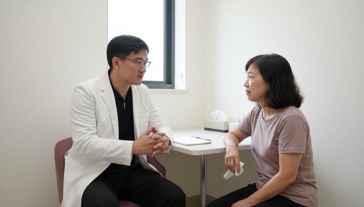 專業醫師正在解說如何使用更年期中藥調理身體 舒緩熱潮紅症狀的加味逍遙散與更年期中藥 現代女性服用更年期中藥改善失眠並恢復活力 中西醫結合門診諮詢更年期中藥調理計畫