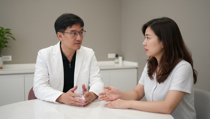 專業醫師正在向患者說明埋線拉提恢復期進程 臉部側面特寫展示埋線拉提恢復期後的自然線條 展示如何透過術後保養縮短埋線拉提恢復期不適 溫馨診所環境諮詢室解析埋線拉提恢復期注意事項