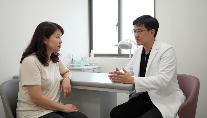 診所醫師詳細講解內開消除眼袋手術流程 內開消除眼袋術後平滑的眼周肌膚特寫 患者進行內開消除眼袋諮詢的真實場景 眼部結構圖解說明內開消除眼袋的原理