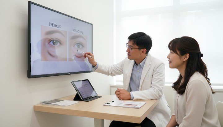 醫師於診間進行消除眼袋手術專業評估 萊攸診所提供精準消除眼袋手術術後護理 透過消除眼袋手術改善疲累感找回神采